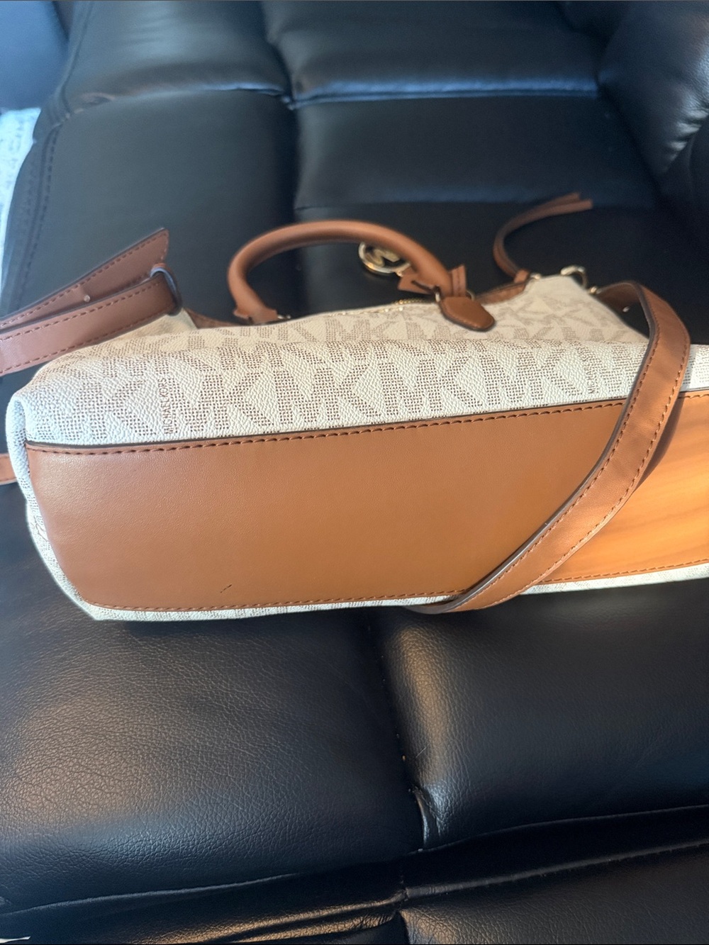 Michael Kors Cream & Brown Signature Logo Satchel with Gold Hardware - Picture 3 of 3